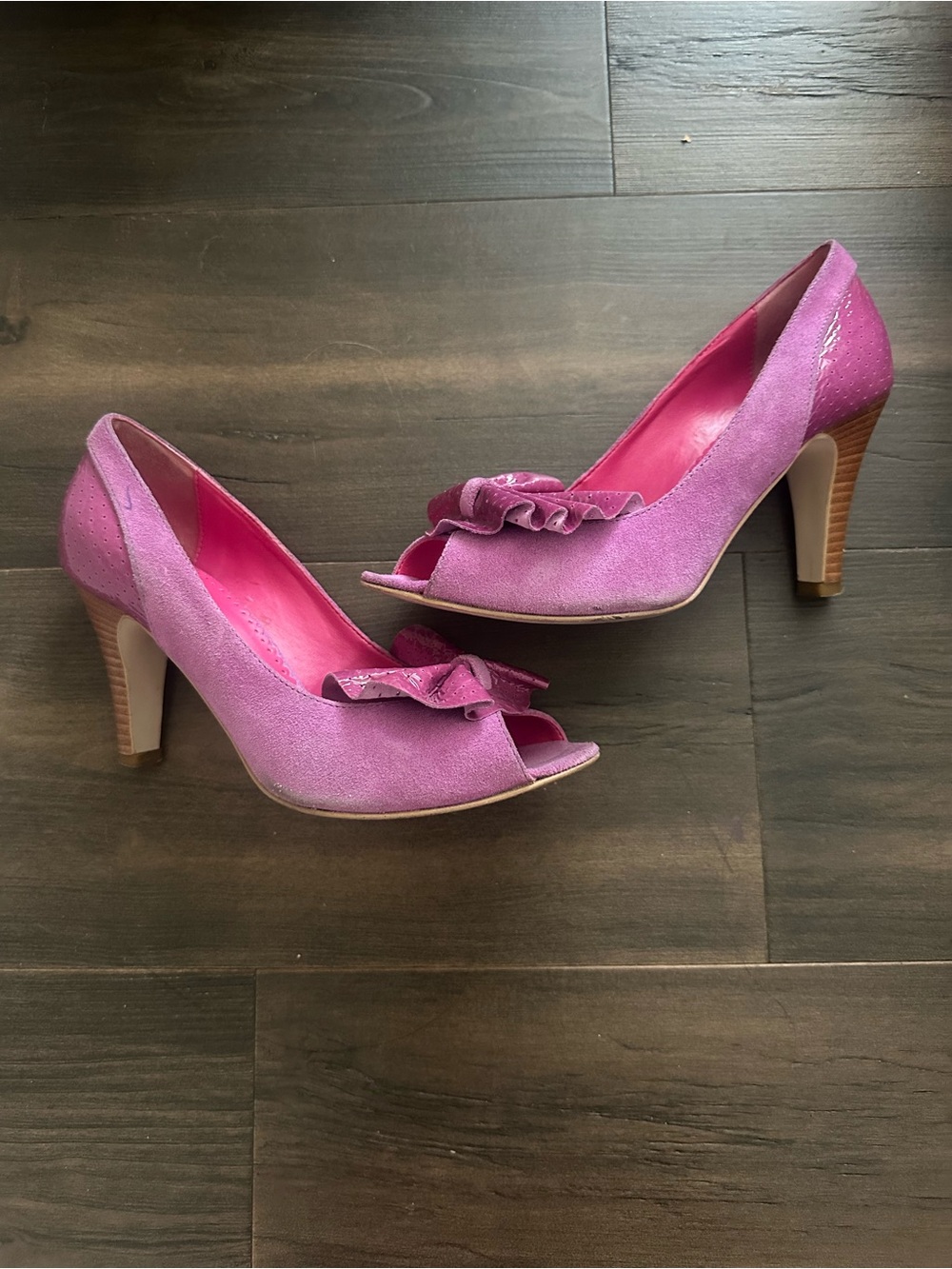 Miss Sixty | Women's Pink Suede Peep-Toe Heels with Ruffle Accent